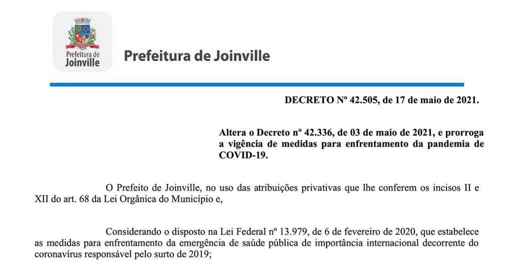 Prefeitura de Joinville publica Decreto 42.505 com normas contra covid-19 até 24 de maio