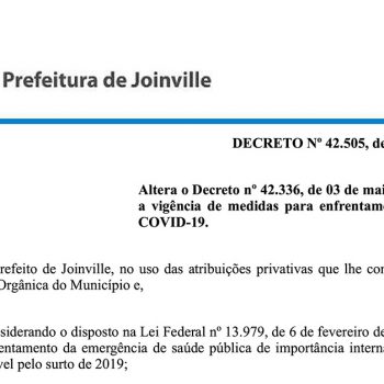 Prefeitura de Joinville publica Decreto 42.505 com normas contra covid-19 até 24 de maio